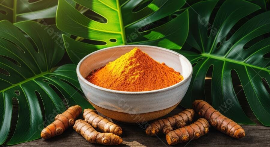 Foto Açafrão da Terra Cúrcuma em Pó e Raiz Fundo Folhas Verdes