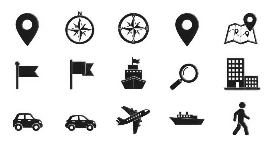 Ícones de Navegação e Viagem Vetor Preto e Branco