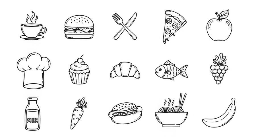 Ícones de Comida e Bebida Desenho Linha Fina Vetor