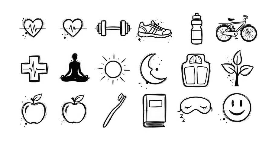 Ícones Saúde e Bem-Estar Estilo Doodle Desenho à Mão