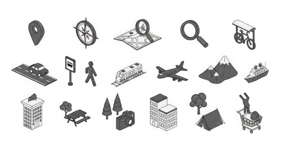 Ícones Viagem Turismo Isometrico Preto e Branco Ilustração
