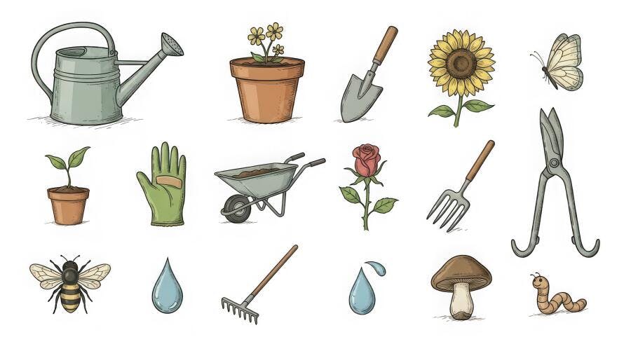 Ilustração Ferramentas de Jardinagem e Elementos da Natureza