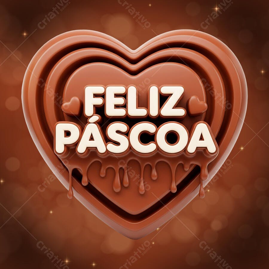 Selo 3D Feliz Páscoa Coração Chocolate PNG Transparente