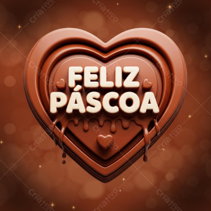 Selo 3D Feliz Páscoa Coração Chocolate PNG Transparente