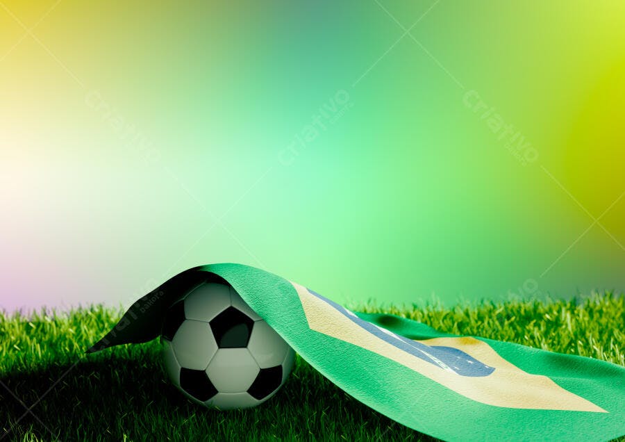 Foto Bola de Futebol Bandeira do Brasil Gramado Fundo Degradê
