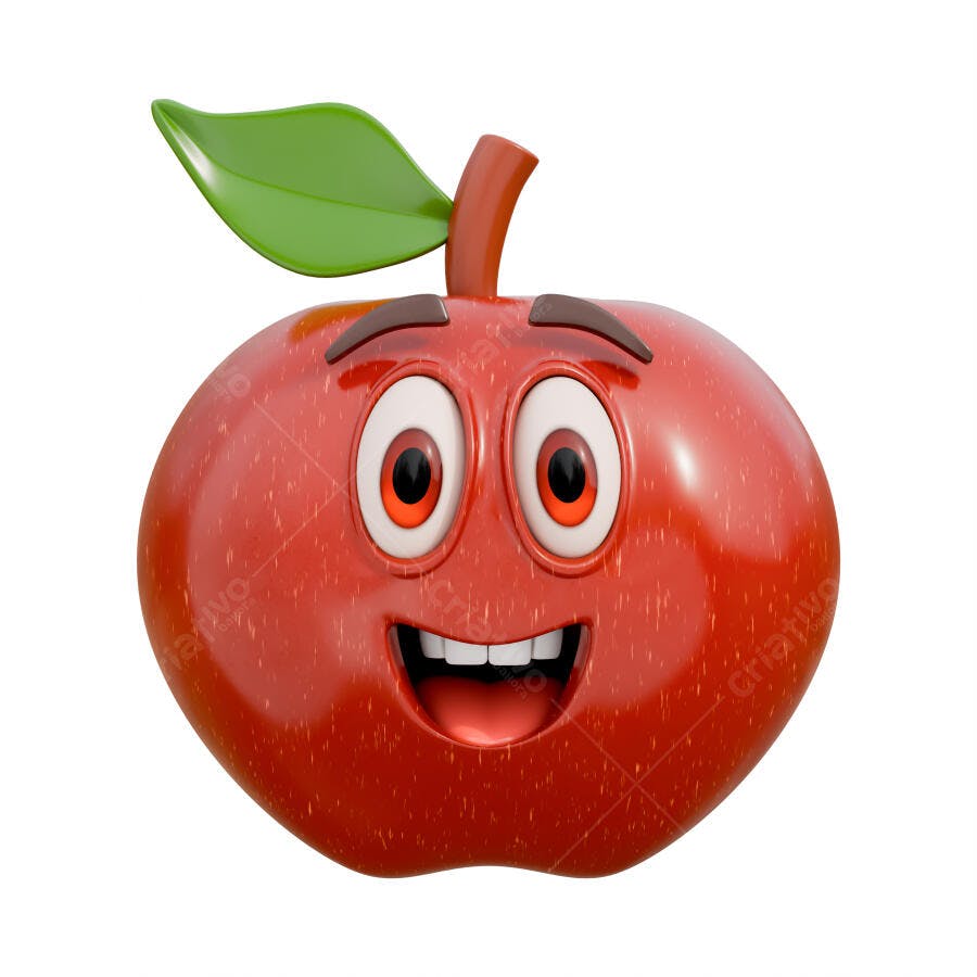 Maçã Vermelha 3D Personagem Sorrindo Fundo Branco