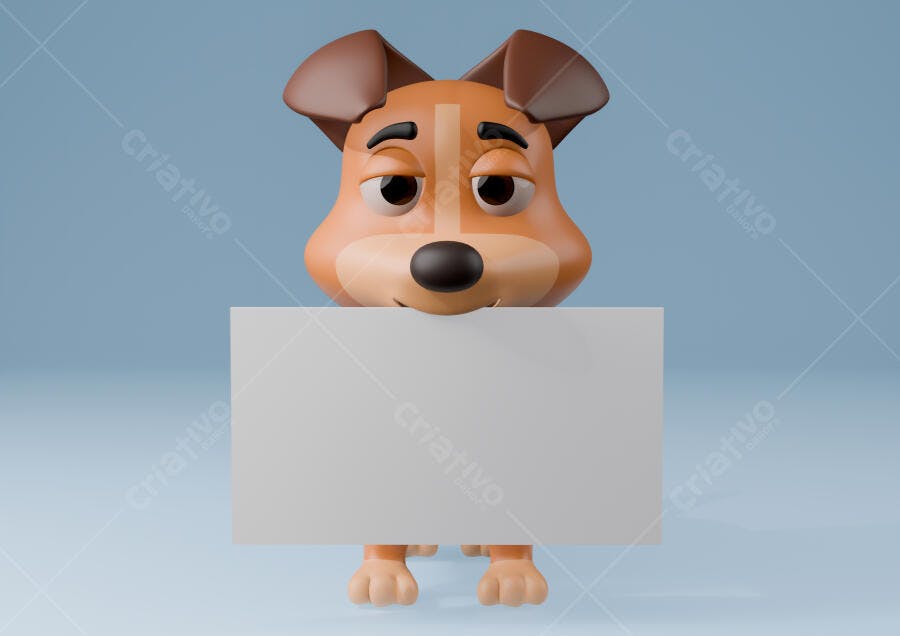 Foto Cachorro 3D Segurando Placa em Branco Fundo Azul