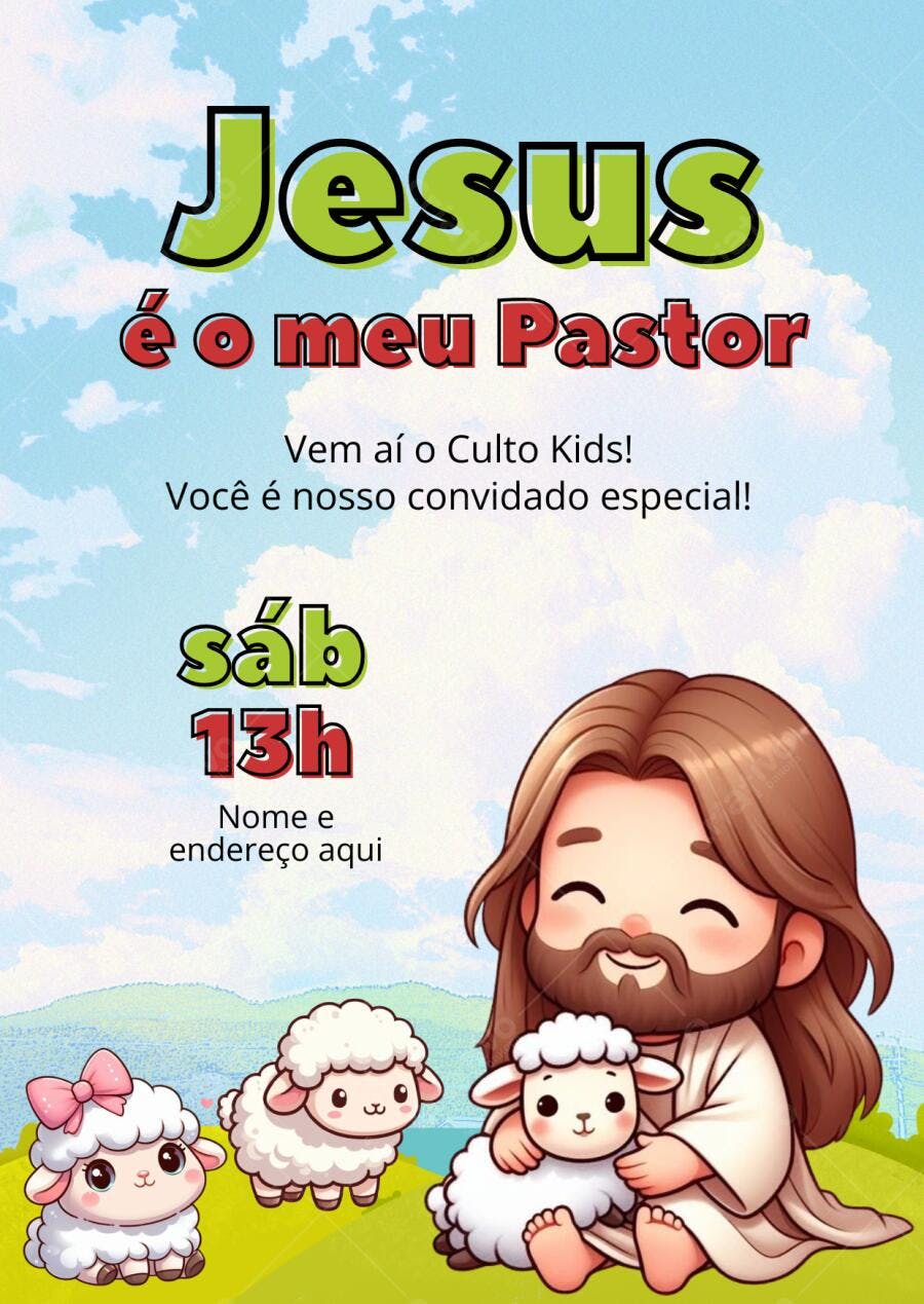 Convite Culto Kids Jesus e Ovelhas Editável