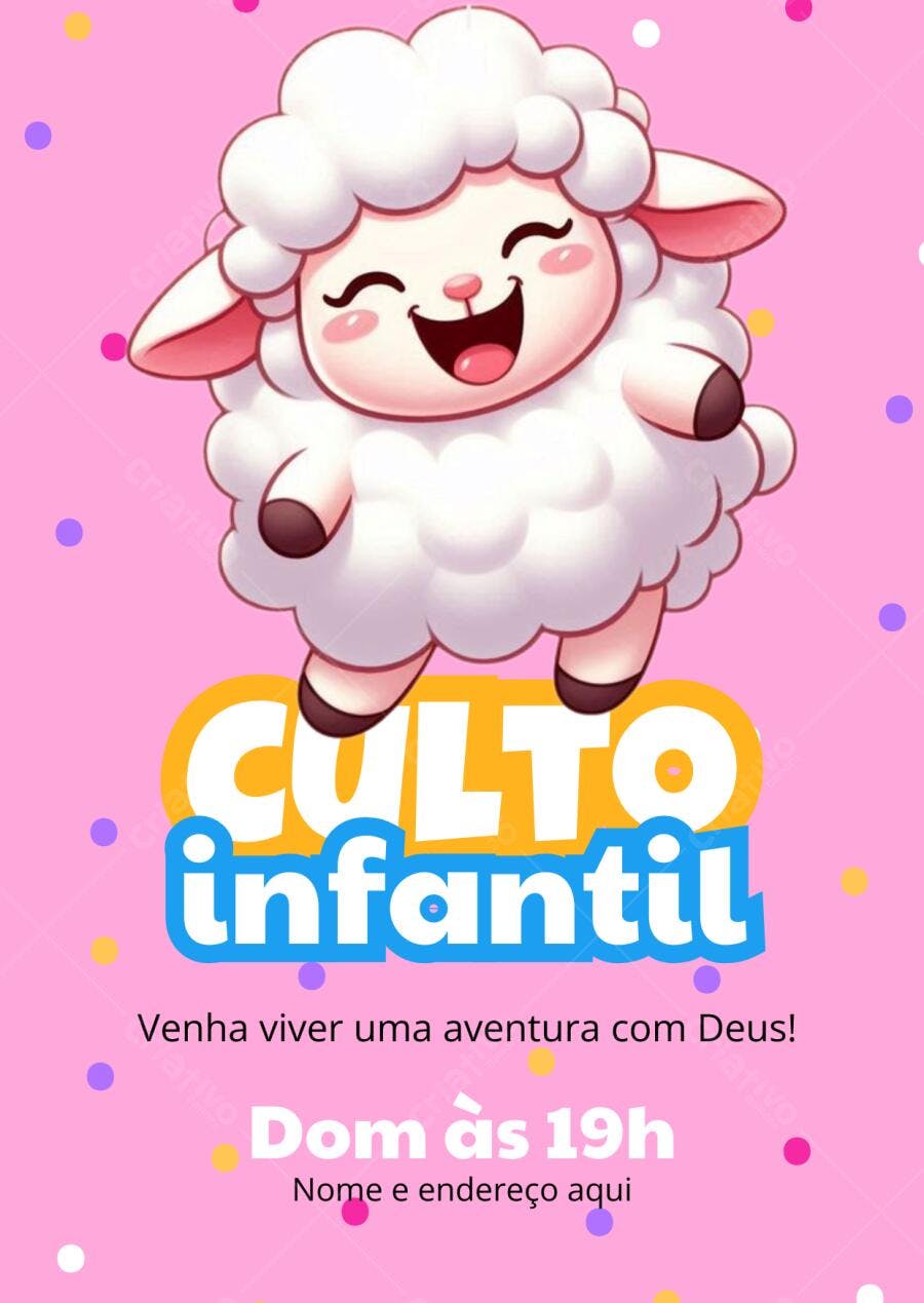 Convite Culto Infantil Ovelhinha Rosa Editável