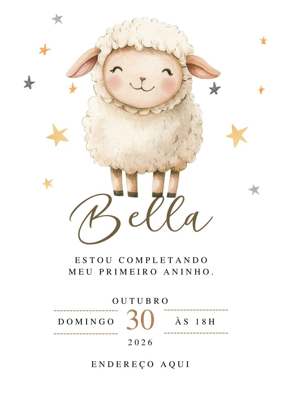Convite Aniversário Ovelhinha 1 Ano Rosa Bege Editável