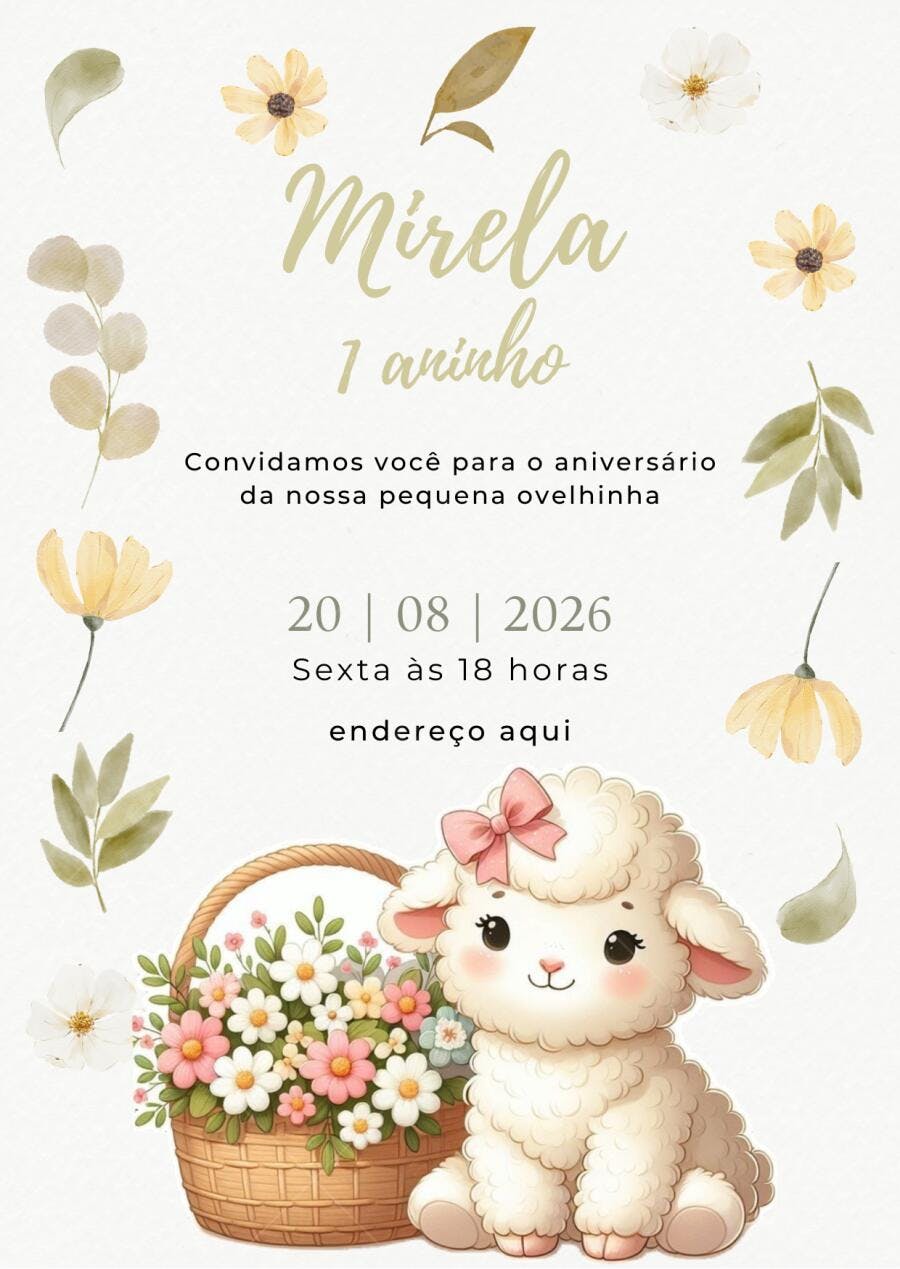 Convite Aniversário Ovelhinha 1 Aninho Floral Editável