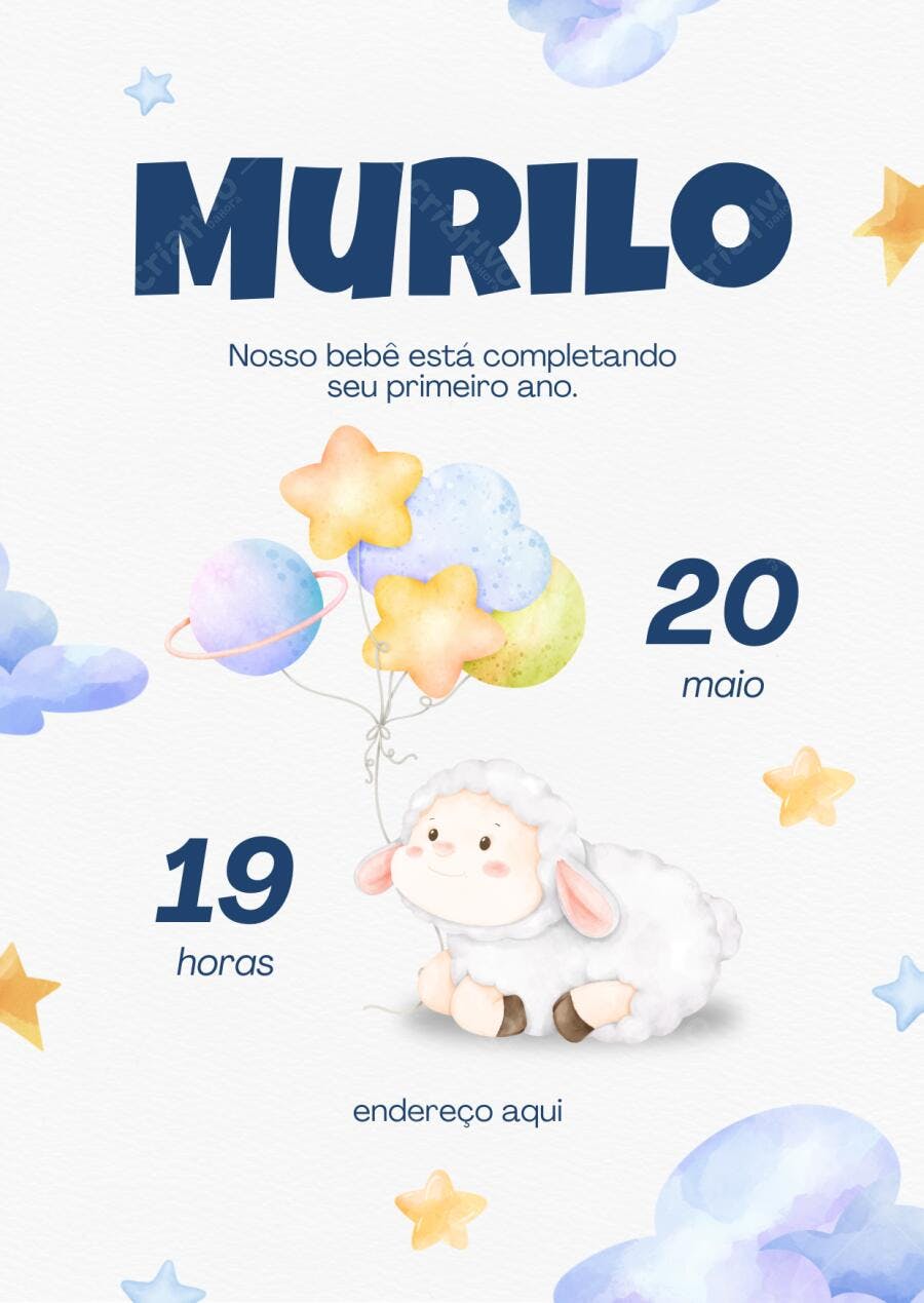 Convite Aniversário Ovelha 1 Ano Aquarela Editável