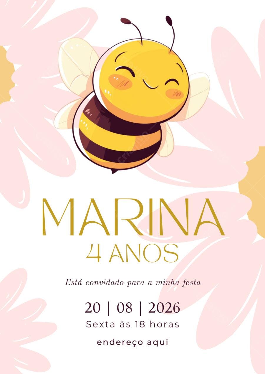 Convite Aniversário Abelha 4 Anos Infantil Editável