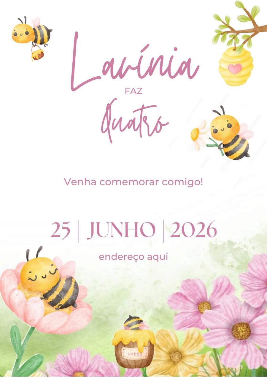 Convite Aniversário Abelhinha 4 Anos Floral Editável