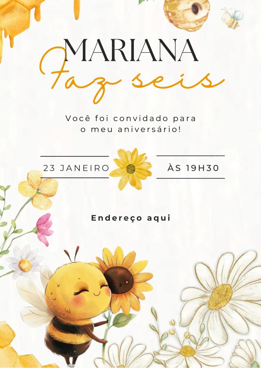 Convite Aniversário Abelhinha 6 Anos Floral Editável