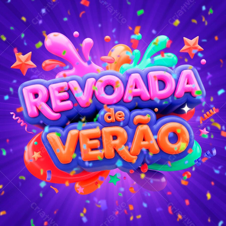 Revoada de Verão Título 3D Colorido Fundo Roxo Confetes