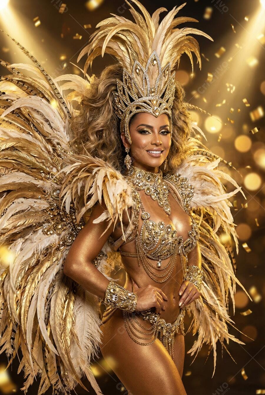 Foto Mulher Fantasia Dourada Carnaval Sorrindo Confetes