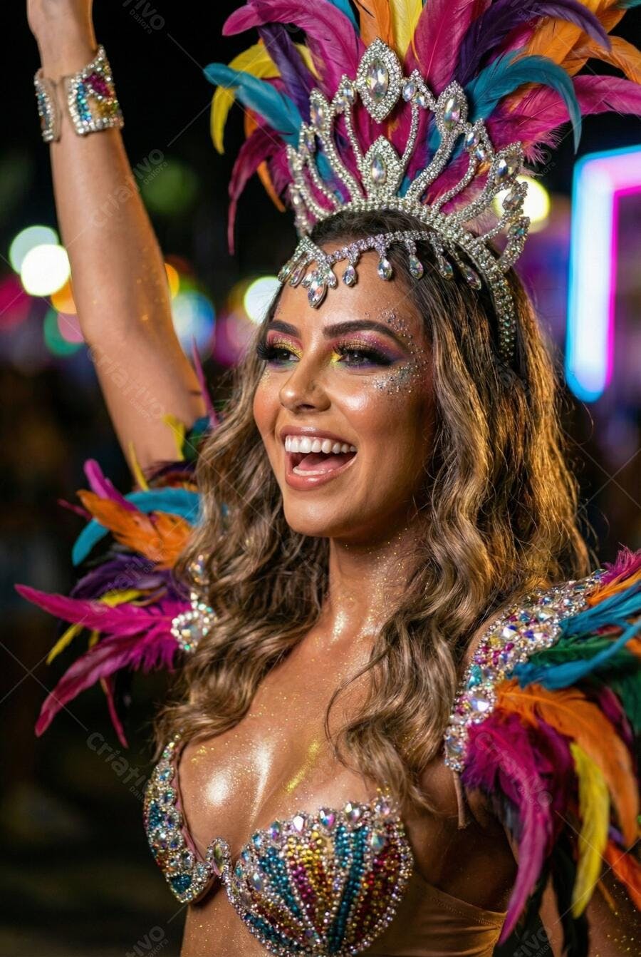 Foto Mulher Brasileira Sorrindo Fantasia de Carnaval Brilhante