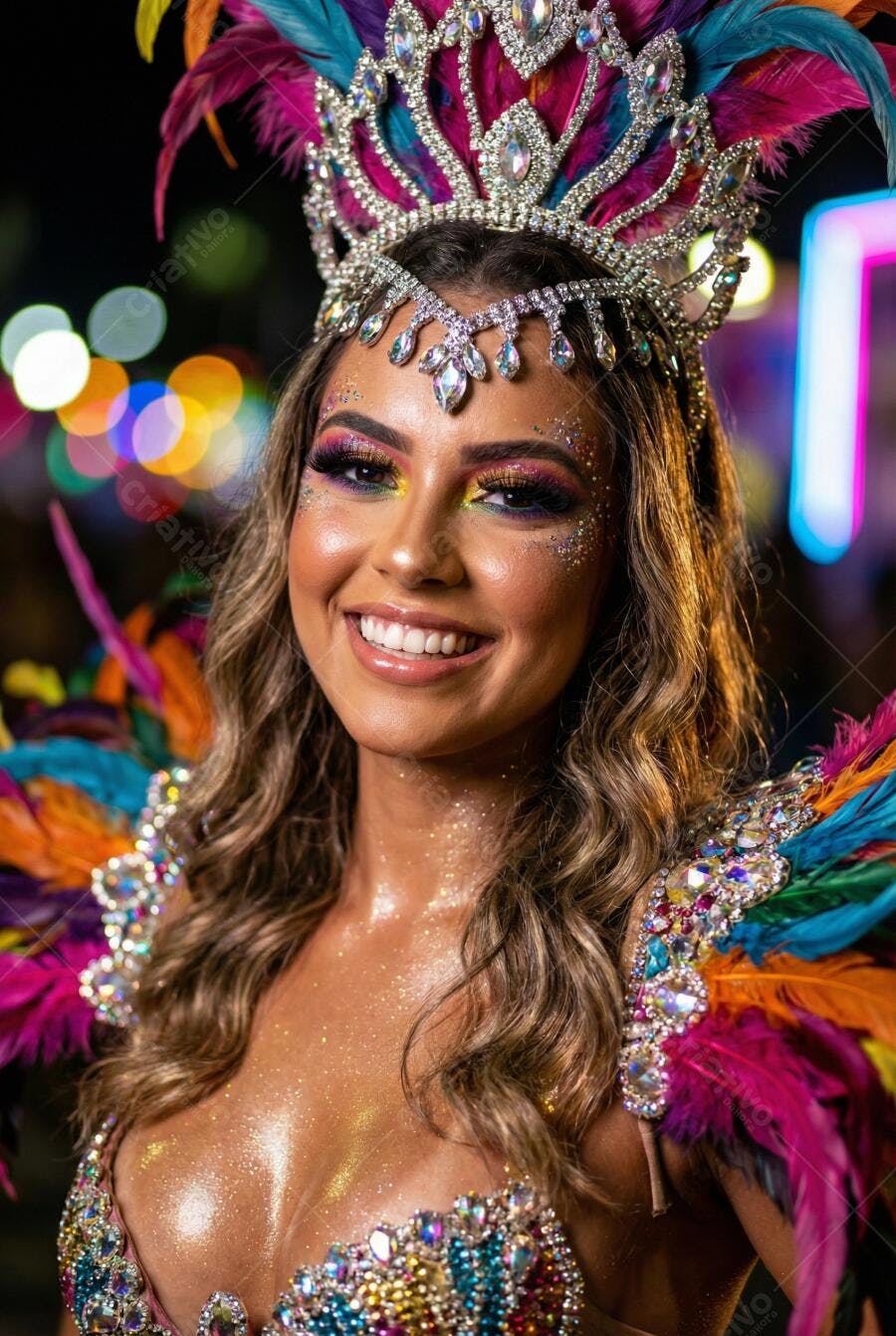 Foto Mulher Brasileira Sorrindo Fantasia de Carnaval Brilhante