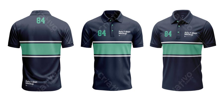 Mockup Camiseta Polo Azul Marinho Frente e Costas Editável
