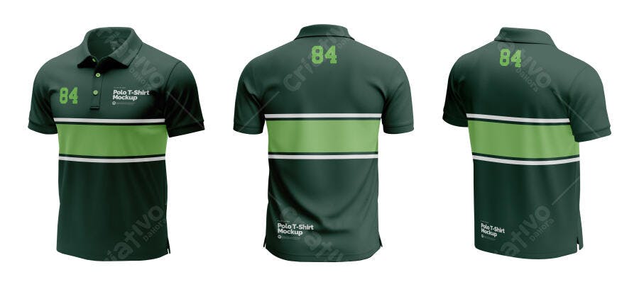 Mockup Camisa Polo Verde Frente Costas Lateral Editável