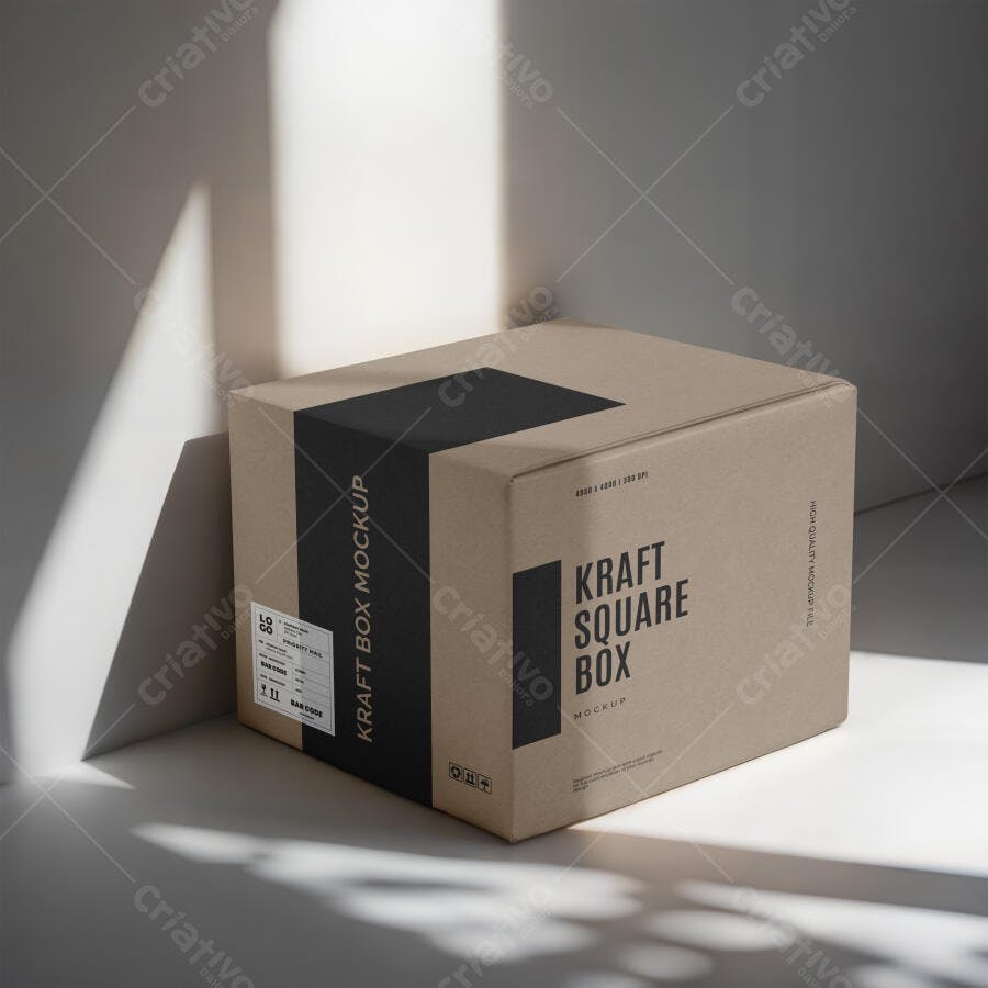Mockup Caixa Quadrada Kraft Fundo Branco Editável