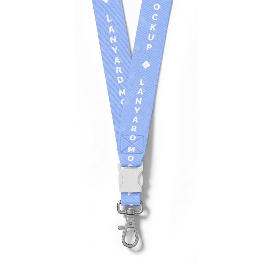 Mockup Crachá Cordão Lanyard Azul Fundo Branco Editável