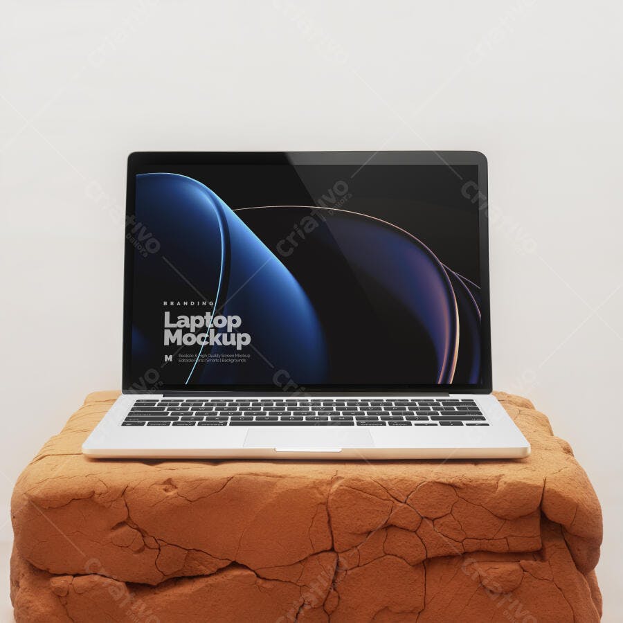 Mockup Notebook Frontal Pedestal Pedra Editável