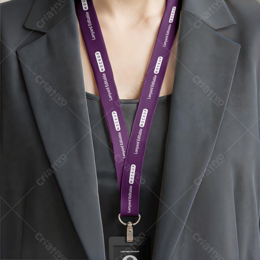 Mockup Crachá Cordão Roxo Pescoço Realista Editável