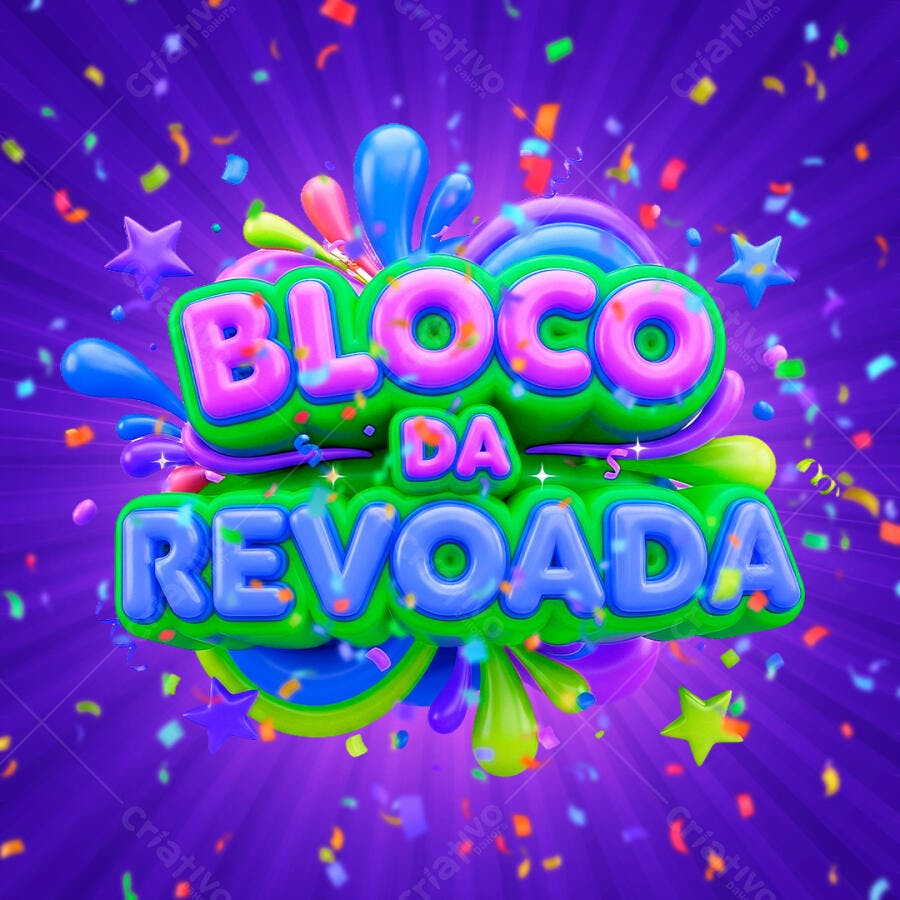Selo 3D Bloco da Revoada Carnaval Colorido Fundo Roxo