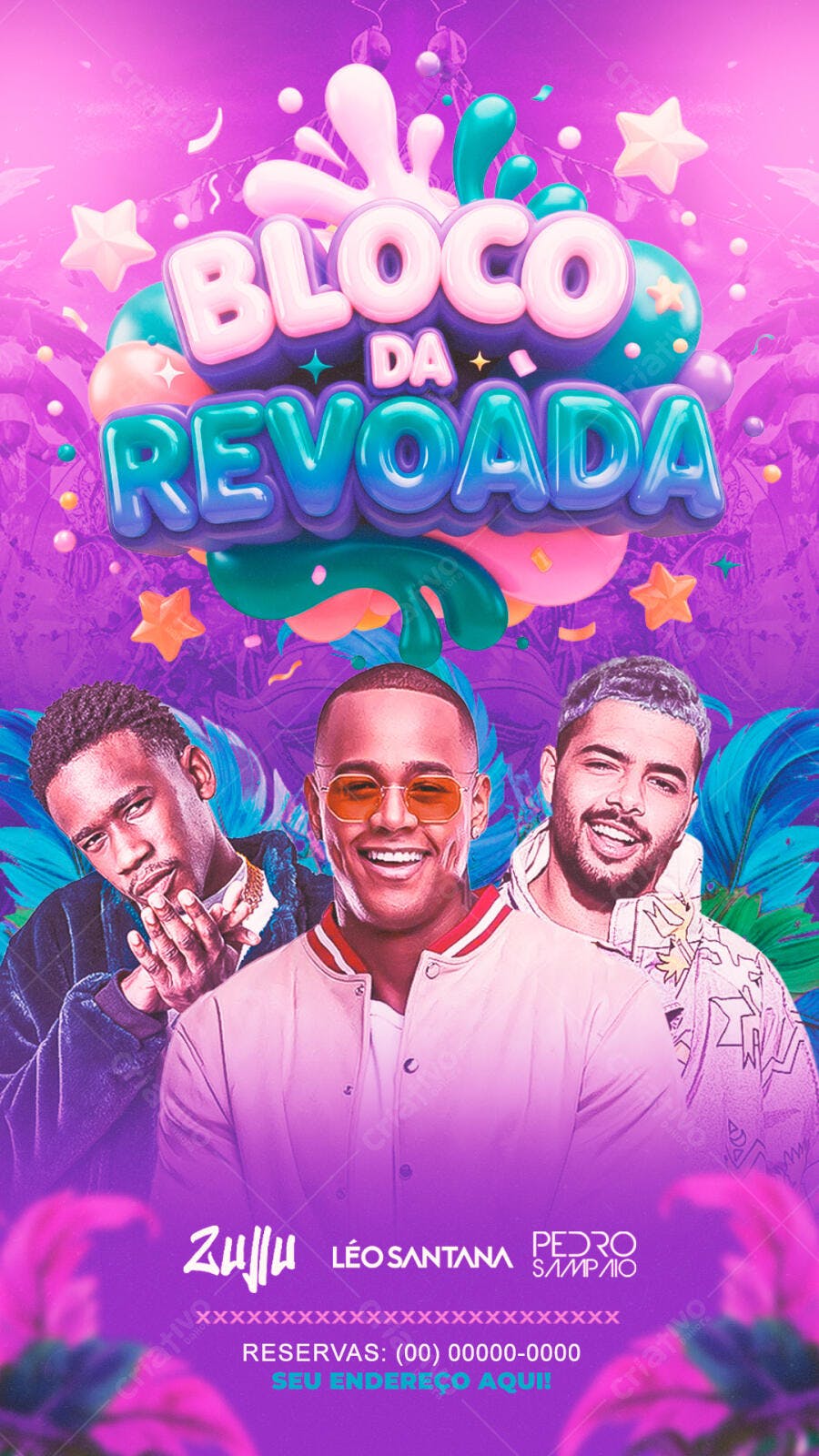 Flyer Carnaval Bloco da Revoada Roxo Azul PSD Editável