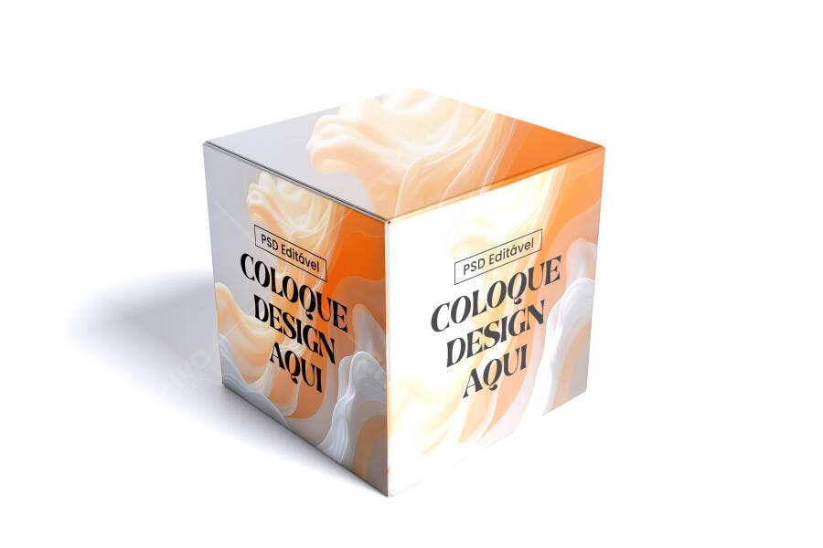 Mockup Caixa Cubo 3D Vista Isométrica Fundo Branco Editável