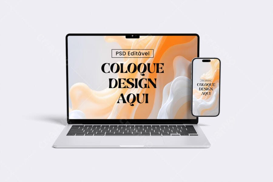 Mockup Notebook e Celular Frontal Fundo Branco Editável