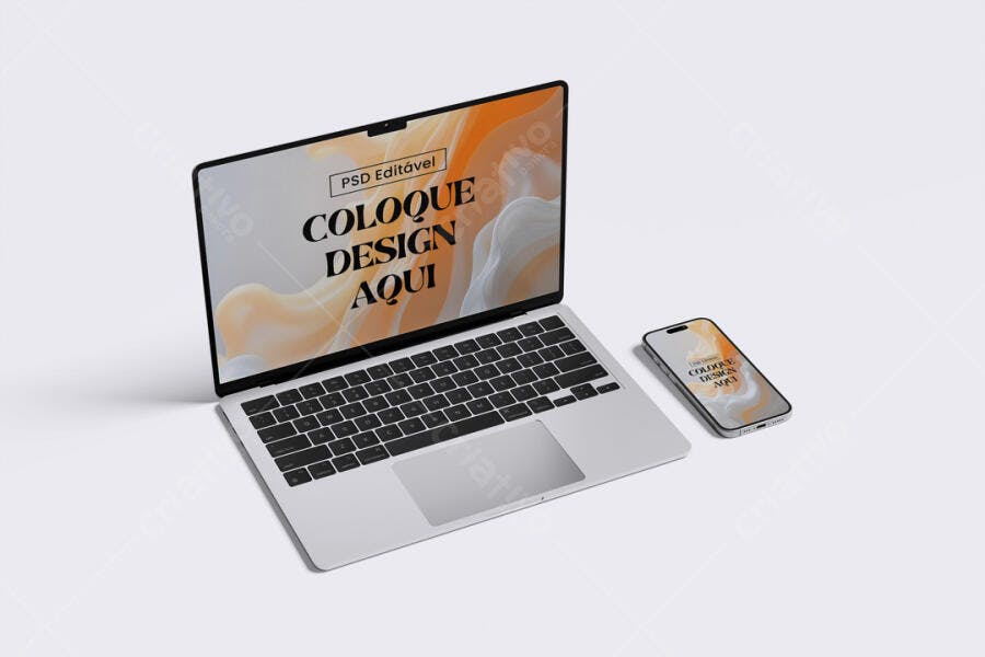 Mockup Notebook e Celular Vista Superior Fundo Branco Editável