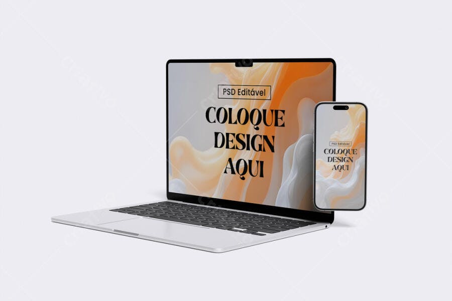 Mockup Notebook e Celular Frontal Fundo Branco Editável