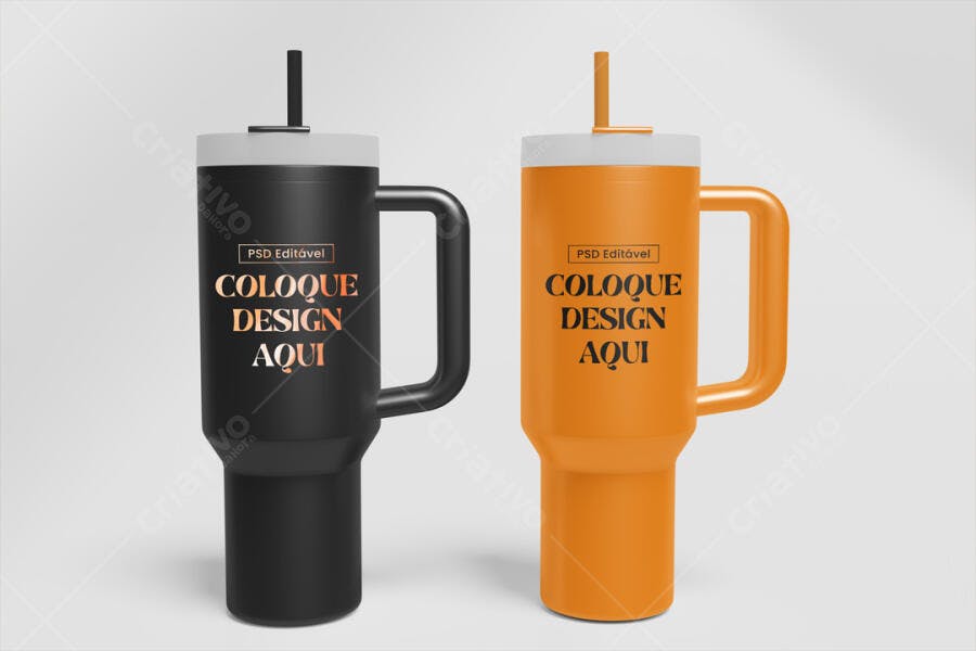 Mockup Copo Térmico com Alça e Canudo Fundo Branco Editável