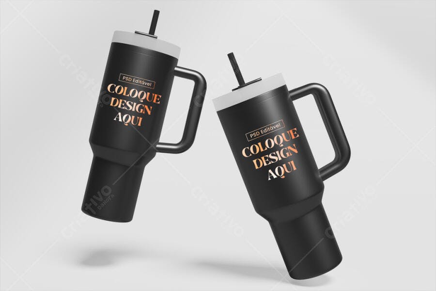 Mockup Copo Térmico Preto com Alça Flutuante Editável