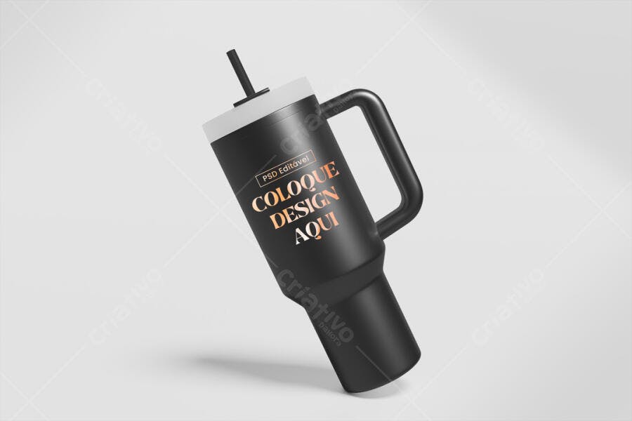 Mockup Copo Térmico Preto com Alça Fundo Branco Editável