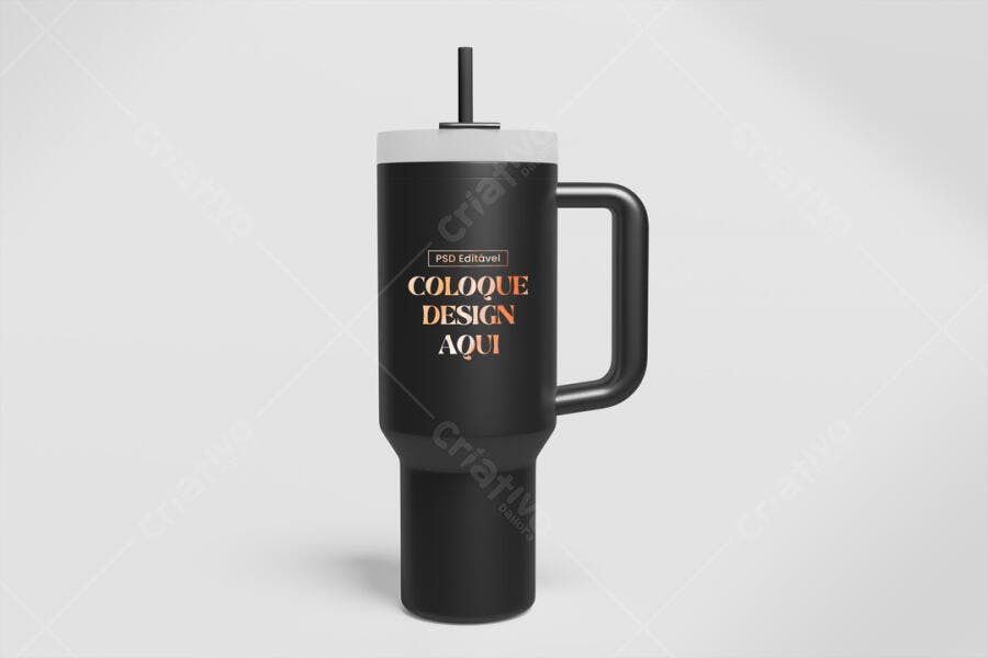 Mockup Copo Térmico Preto com Alça Fundo Branco Editável