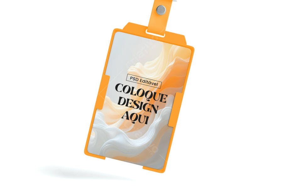 Mockup Crachá Vertical Lanyard Laranja Fundo Branco Editável