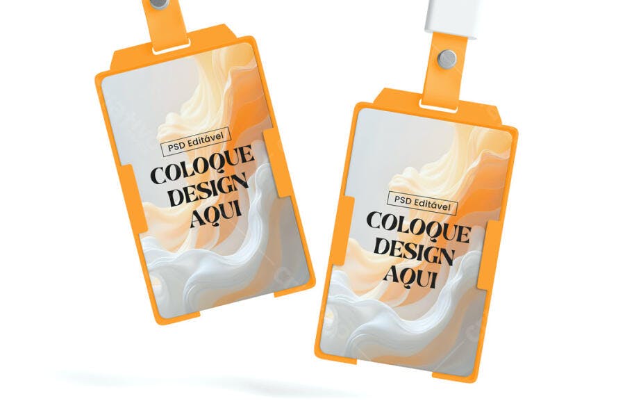 Mockup Crachá Vertical Lanyard Laranja Fundo Branco Editável