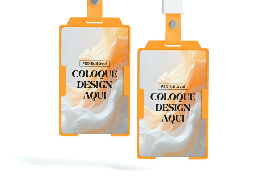 Mockup Crachá Identificação Vertical Laranja Fundo Branco Editável