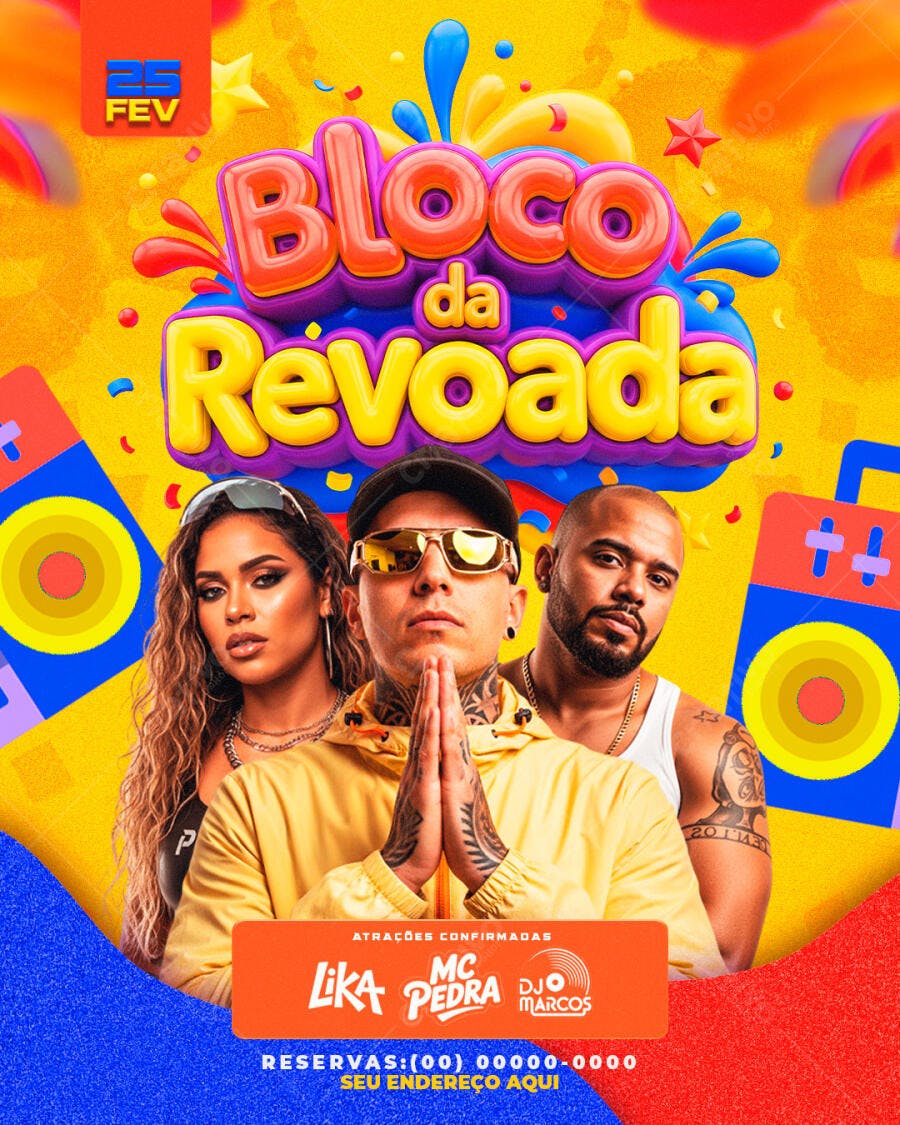 Flyer Bloco da Revoada Pré-Carnaval Fevereiro PSD Editável