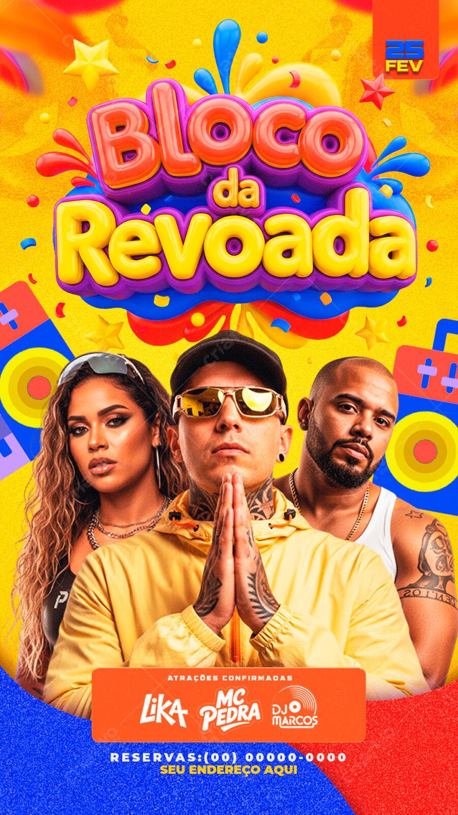 Flyer Bloco da Revoada Carnaval Fevereiro PSD Editável