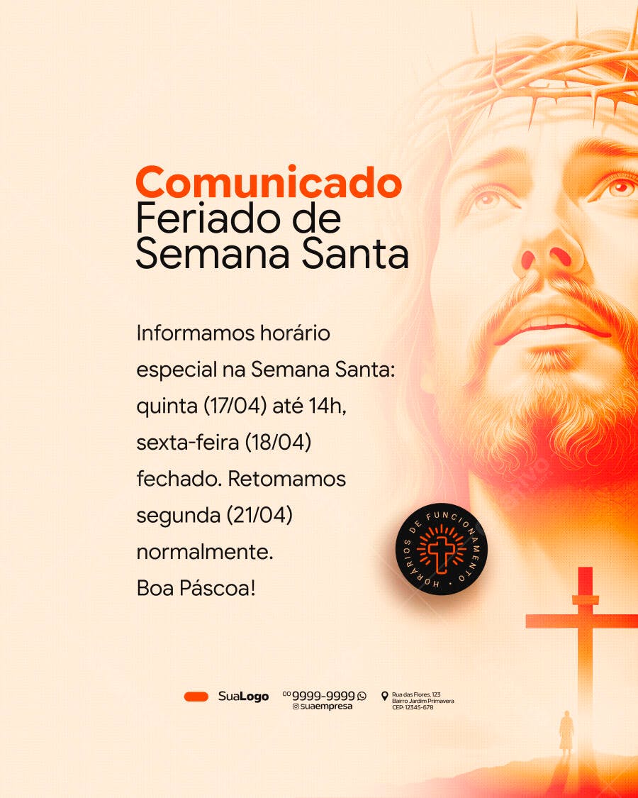 Comunicado Semana Santa Páscoa Horário Especial PSD Editável