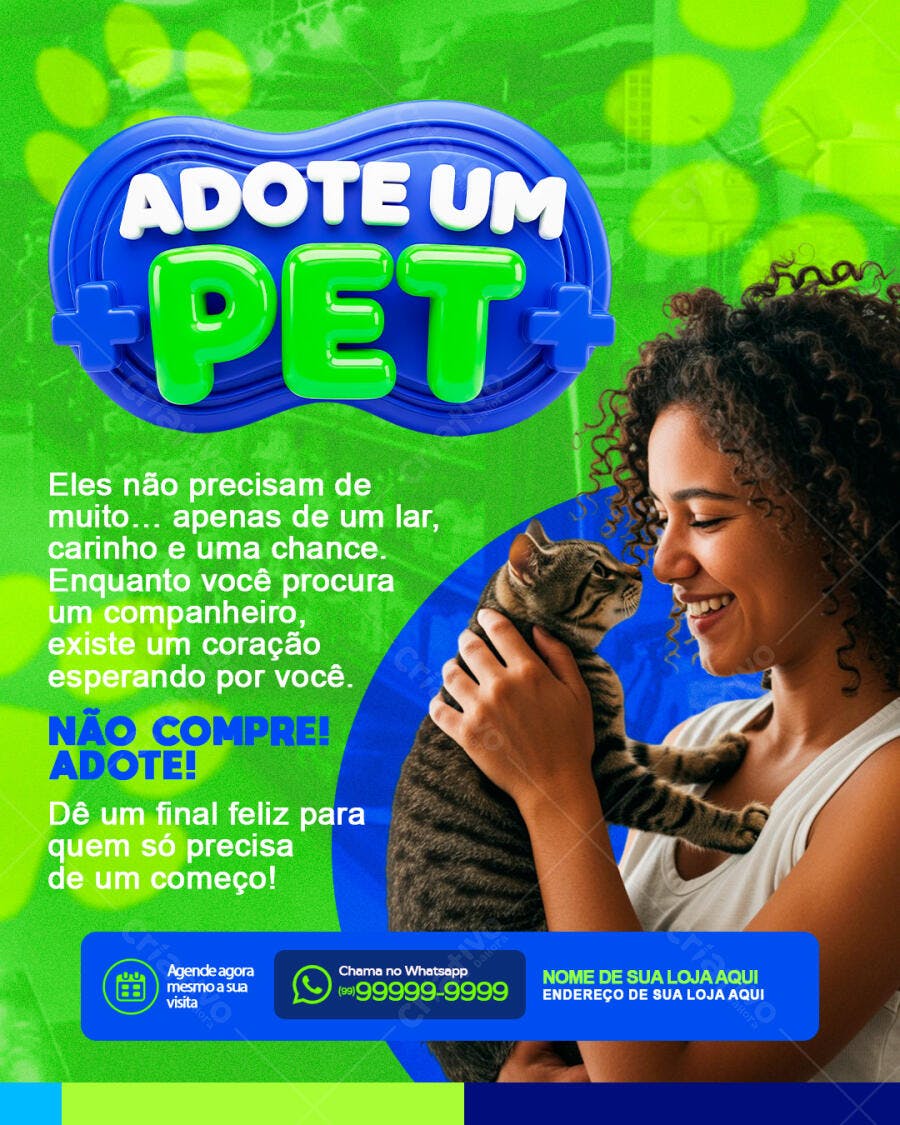Flyer Adoção Pet Shop Gato Verde Azul PSD Editável