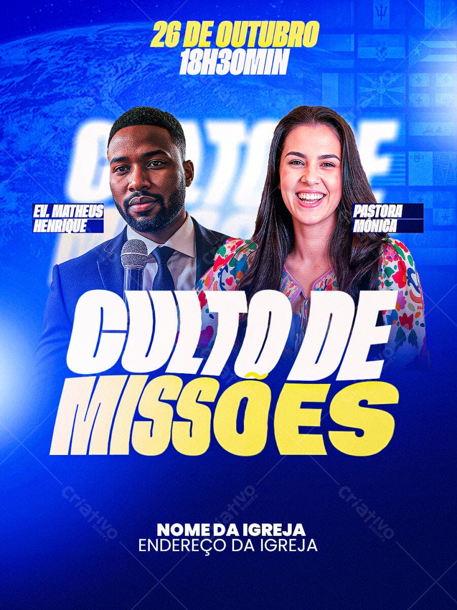 Flyer Culto de Missões Igreja Cristã PSD Editável
