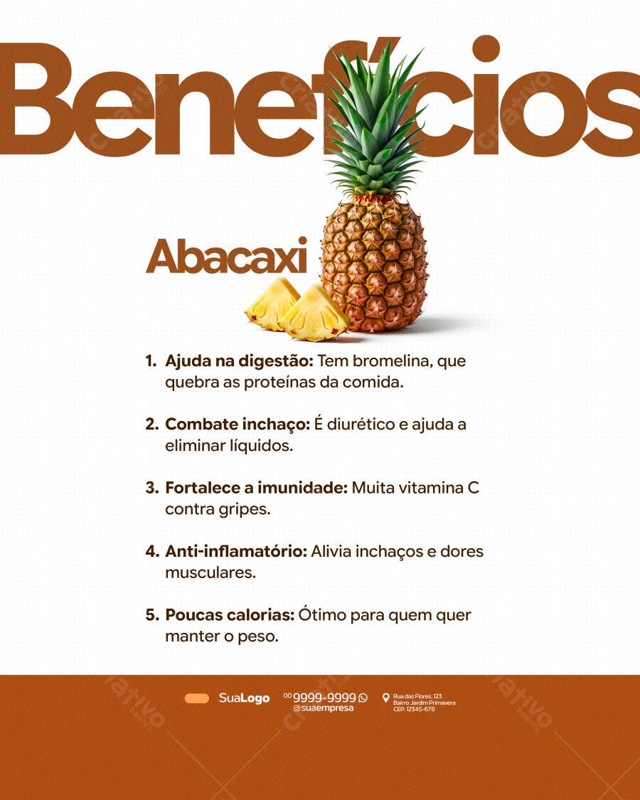 Post Instagram Benefícios Abacaxi Nutrição PSD Editável