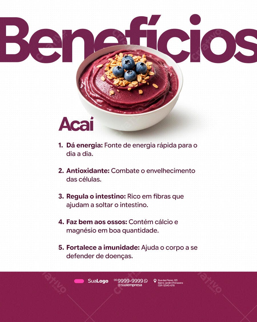 Post Instagram Benefícios Açaí Lanchonete PSD Editável