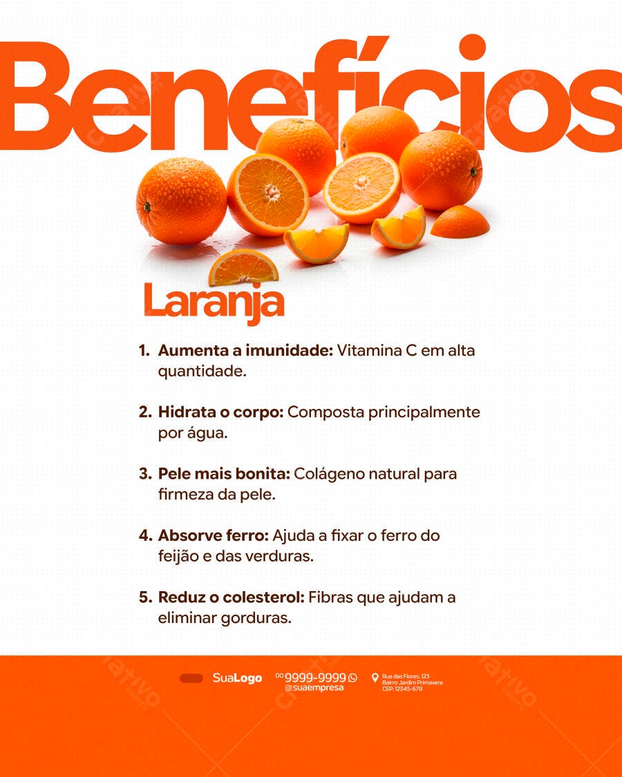Post Instagram Benefícios Laranja Nutrição PSD Editável